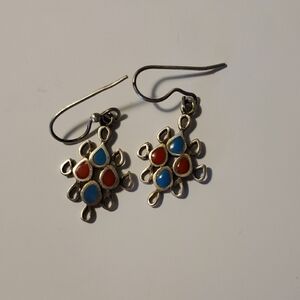 Native Silver Earrings with Coral and Turquoise Colored Accents